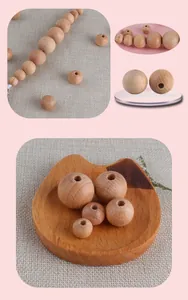 Macro shot of natural beech wood round beads in various sizes for DIY jewelry making