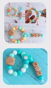 Detail view of silicone and wooden beads with MOM lettering and clip usage steps