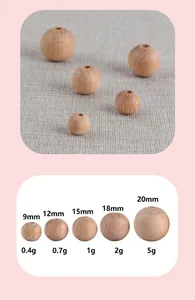 Size comparison chart for natural beech wood beads from 9mm to 20mm for DIY jewelry