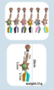 Silicone feather and star baby pacifier clip set with size and weight measurements