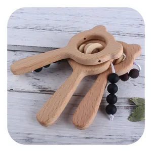 Handcrafted beech wood bear rattle and silicone molar beads set for infants