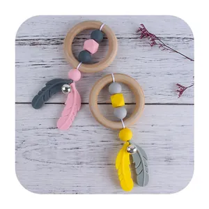 Baby Silicone Feather Teether Beech Wood Ring BPA Free Beads Rattle Toy Infant Grasping Teething Relief Sensory Toy