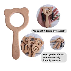 DIY beech wood bear baby rattle and teether toy with natural beads and metal bells