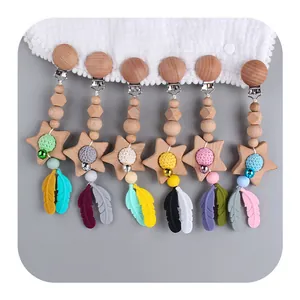 Baby Teether Stroller Clip Silicone Feather Beechwood Star Beads Crochet Pacifier Chain Soothing Toy For Infants Toddlers