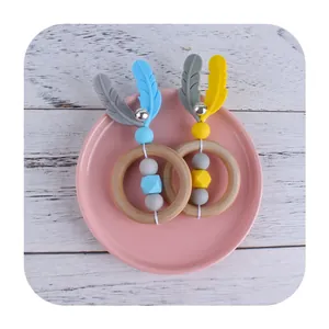 Silicone feather baby teether toy set with wooden rings and morandi beads