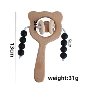 Cartoon brown bear beech wood baby rattle toy with black silicone beads and dimensions