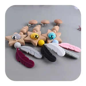 DIY silicone feather and wooden star baby teether clip set for pacifier chains