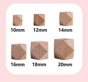 Size chart of natural beech wood octagonal beads from 10mm to 20mm for DIY jewelry