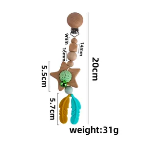 Handmade silicone feather and wooden star baby pacifier clip for stroller hanging toy