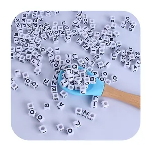 Bulk 7mm white cube alphabet beads with black letters for DIY name bracelet making