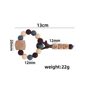 DIY MOM silicone and beech wood teething ring keychain with lobster clasp and octagon beads