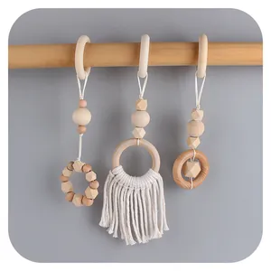Jouets Suspendus pour Portique Bébé en Bois de Hêtre Naturel et Corde de Coton Anneaux de Dentition avec Glands Macramé Déco Chambre Bébé