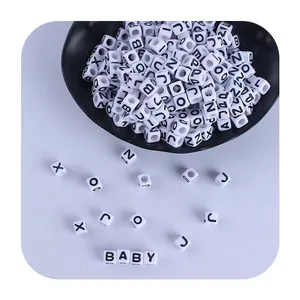 7mm square white plastic alphabet beads with black letters for DIY name bracelets