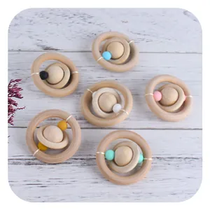 Wooden baby rattle sensory toys for teething with colorful beads and planet rings