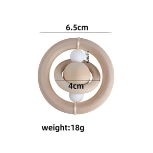 Natural wooden baby rattle ring toy with planets design for sensory motor skills