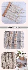 Detail of hand-woven pacifier clips made of natural cotton rope and beech wood material