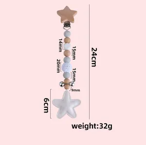 Detaillierte Maße des 24cm Schnullerkettestarns aus Buchenholz mit Häkelperlen und Glocke