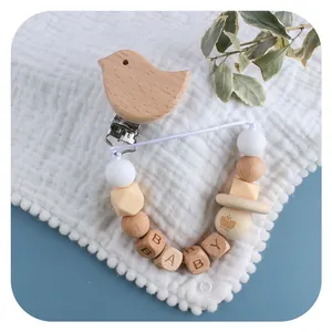 Baby-Schnullerkette aus Buchenholz mit Silikonperlen und vogelähnlichem Holzclip