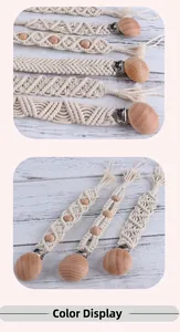 Detail of handmade cotton woven pacifier clip with natural beech wood and bohemian textures