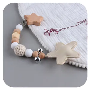 Buchenholz Silikon Stern Baby Schnullerkette Handgefertigte Häkelperle Glocke Kinderwagen Hängendes Ornament Beruhigende Kleinkind Beißkette