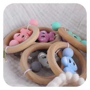 Lot de hochets dentaires pour bébé en bois et silicone avec éléphants colorés