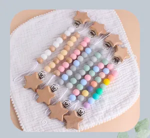 Set di 6 catenelle portaciuccio in faggio con perle in silicone color macaron