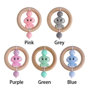 Lot de hochets de dentition éléphant en bois pour bébé en rose, gris, violet et bleu