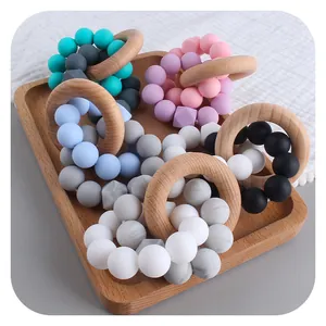 Creative beech wood and colorful silicone bead teething rings for baby oral training