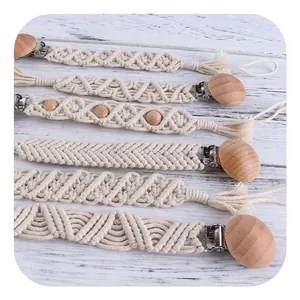 Handmade beech wood and cotton braided pacifier clips set in bohemian natural style