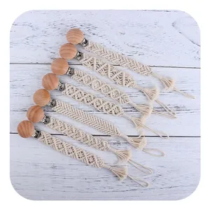 Handmade beech wood and cotton pacifier clip chain set in minimalist Nordic style