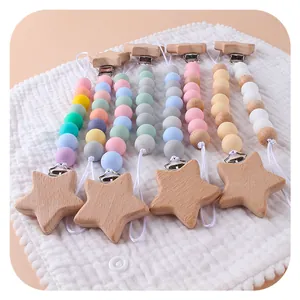 Set catenelle portaciuccio neonato con stelle in faggio e perline in silicone colorate