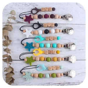 Silicone Beech Wood Baby Pacifier Clip Football Iron Clip Star DAD Letter Beads Teething Toy Anti-Drop Nipple Holder Leash
