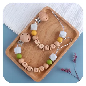 DIY silicone beads and beech wood pacifier clip with baby lettering for infants