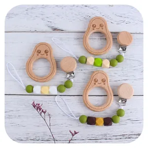 Cartoon Avocado Beech Wood Baby Teether And Silicone Beaded Pacifier Chain For Toddler Teething Relief Soothing Toy
