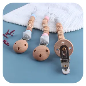 Three-piece DIY silicone bead and beech wood pacifier clip set with BABY wooden letters