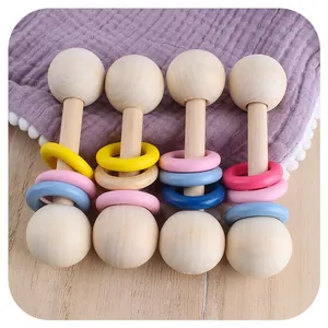 Natural Wooden Baby Hand Rattle Teether Toy For Infants Colorful Wooden Ring Grasping Sensory Montessori Educational Toy