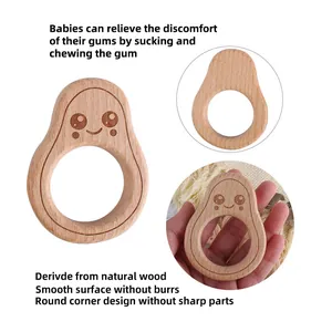 Cartoon avocado beech wood baby teether toy with smooth edges for gum relief