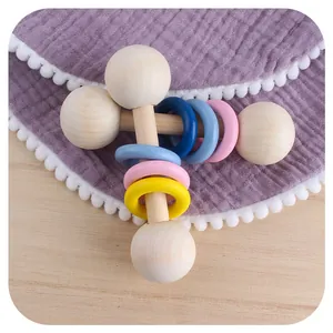 Natural wooden baby rattle toy with colorful rings for sensory grip training