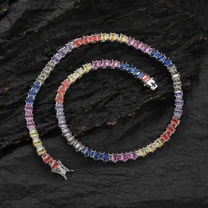 Hip Hop Regenboog Baguette Zirconia Tennis Ketting Koper Goud Zilver Verguld Gekleurde Steen Sieraden Voor Mannen Vrouwen Feest