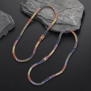Regenboog tennis ketting met kleurrijke rechthoekige zirkoonstenen in goud en zilver
