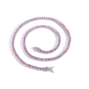 Collier chaîne tennis 3mm en corindon rose à 3 griffes avec métal argenté et fermoir