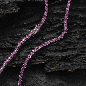 Collier tennis étincelant en zircon rose 3mm avec monture à trois griffes plaquée argent pour femme