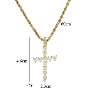 Ciondolo a croce dorata con zirconi a cuore e catena a corda da 60cm stile hip hop