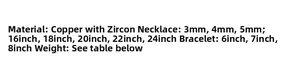 Size specifications for copper zircon tennis chain necklaces and matching bracelets