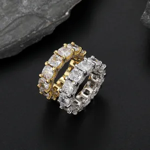Bagues d'éternité hip hop iced-out avec zircons carrés en plaqué or et argent