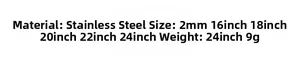 Detailed size chart for 2mm stainless steel chain necklaces in 16 to 24 inch lengths