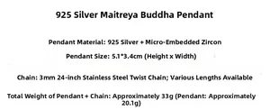 Λεπτομερείς προδιαγραφές μενταγιόν Maitreya Buddha από ασήμι 925 με ζιργκόν πέτρες