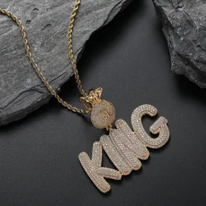 Χρυσό hip hop κολιέ με μενταγιόν KING και σχέδιο πουγκί χρημάτων με σύμβολο δολαρίου