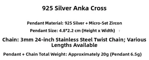 Gedetailleerd specificatieblad voor 925 zilveren Ankh-kruis hanger met zirkonia en ketting