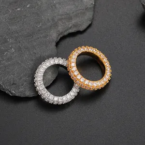 Iced-out wide band rings for men in gold and silver finish with pavé set cubic zirconia